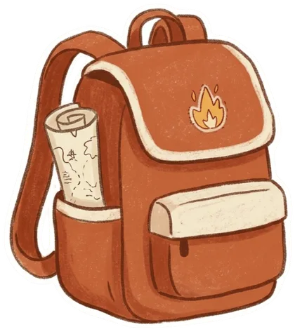 Ein gezeichneter Rucksack mit Feuer-Badge und einer Karte in der Seitentasche